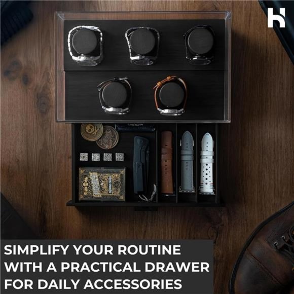 Watch Box Organizer for Men - 5 Pillar Watch Holder with Acrylic Cover, Black - Picture 4 of 6
